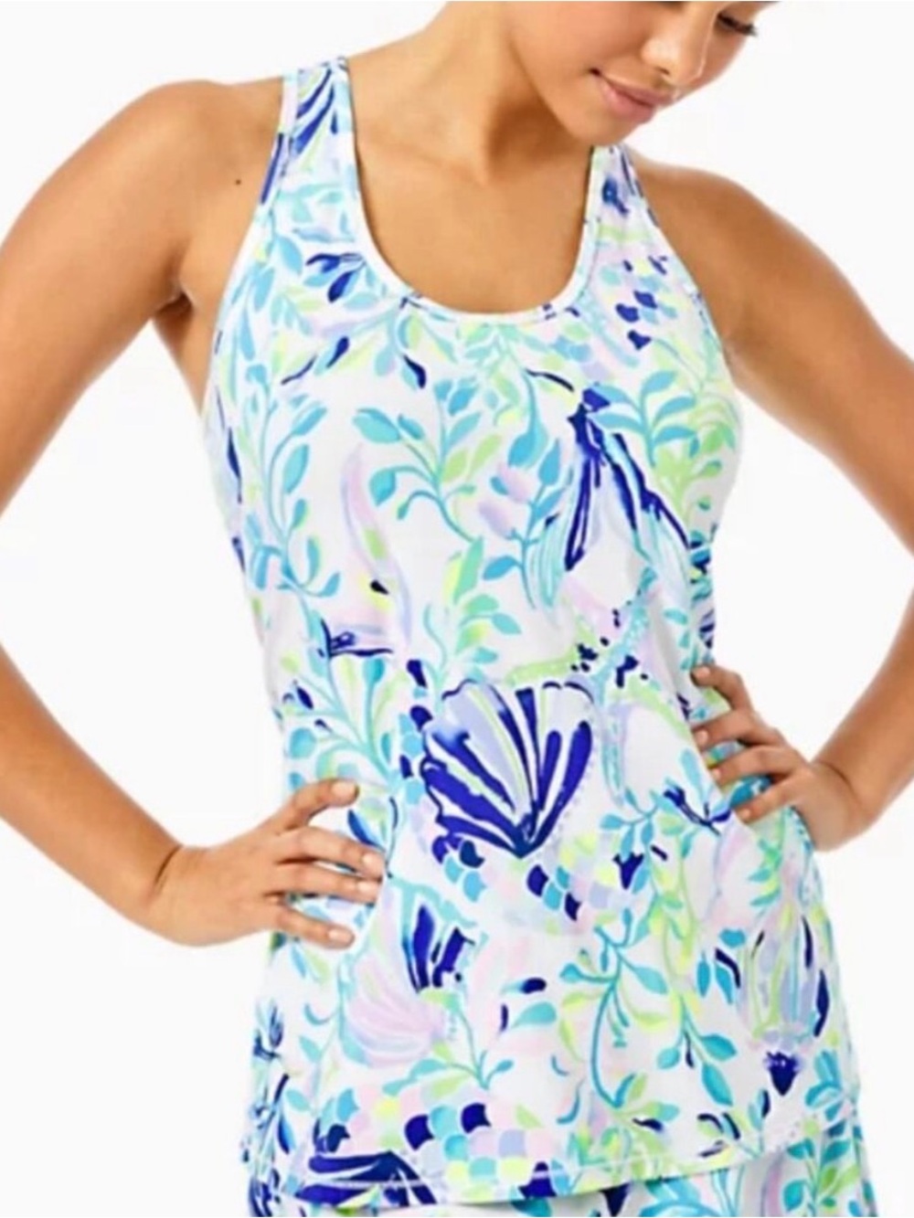 Lilly Pulitzer Luxletic Resort White Shell Beach Racer Back Tank Tunic Top